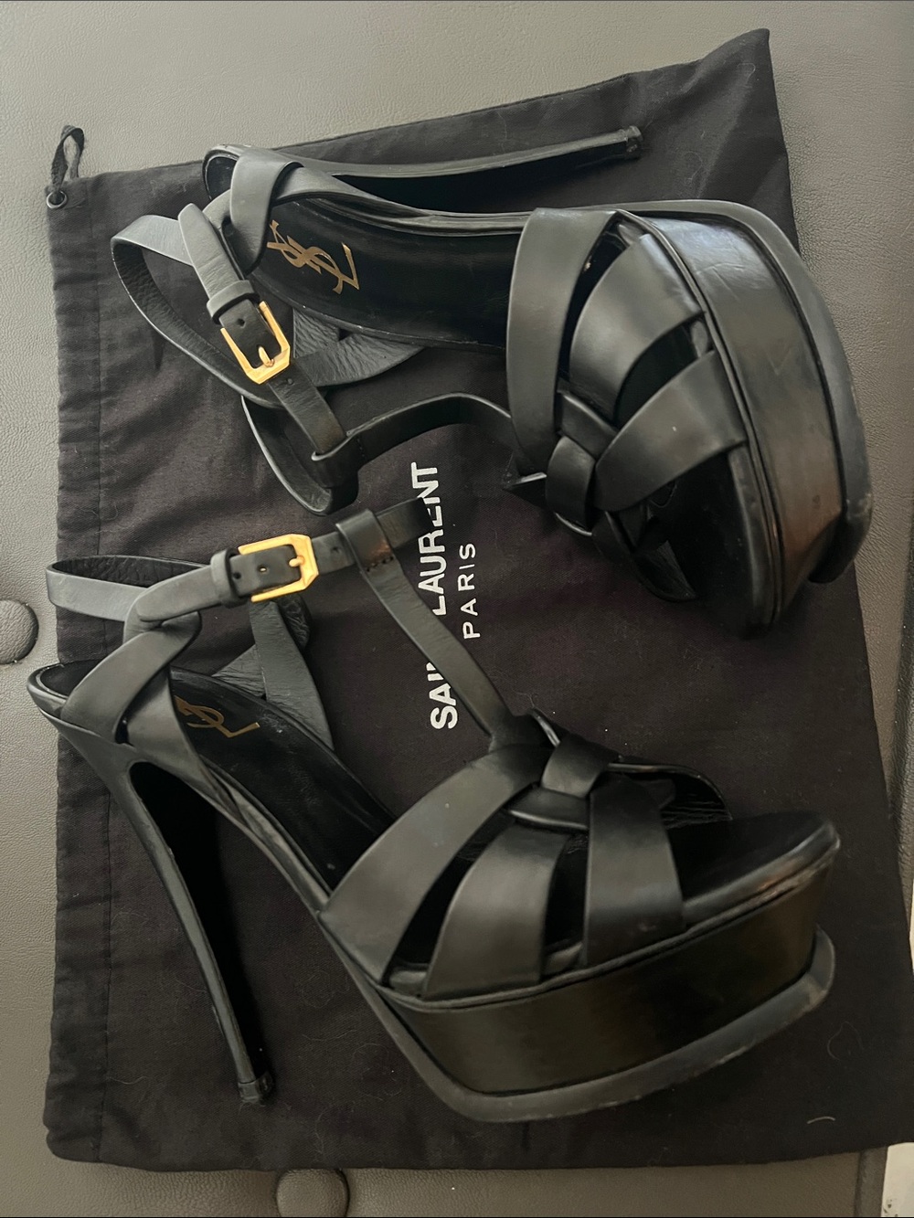 Saint Laurent Black Leather Woven-Strap Slingback Heels - Picture 2 of 5